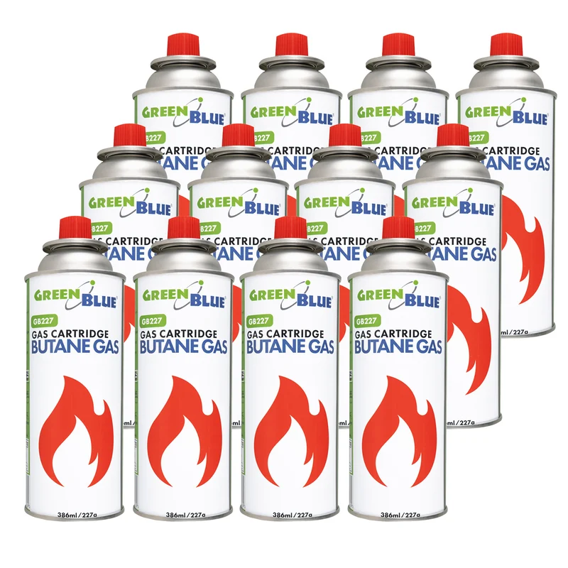 12 bombolette di gas da 227 g GreenBlue. Certificato: Pi 0875, conforme alla norma EN 417, butano, intervallo di funzionamento da -10 °C a +40 °C, GB227