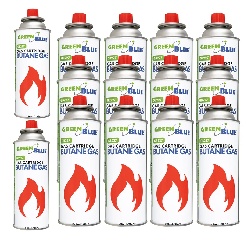 14 bombolette di gas da 227 g GreenBlue. Certificato: Pi 0875, conforme alla norma EN 417, butano, intervallo di funzionamento da -10 °C a +40 °C, GB227