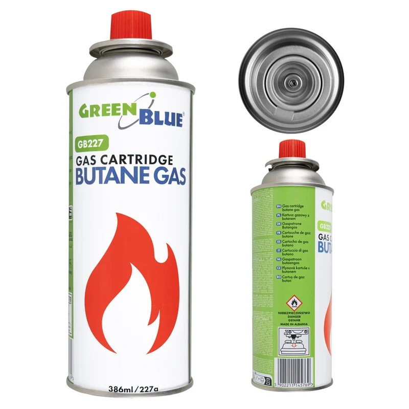 Bombola di gas da 227 g GreenBlue. Certificato: Pi 0875, conforme alla norma EN 417, butano, intervallo di funzionamento da -10 °C a +40 °C, GB227