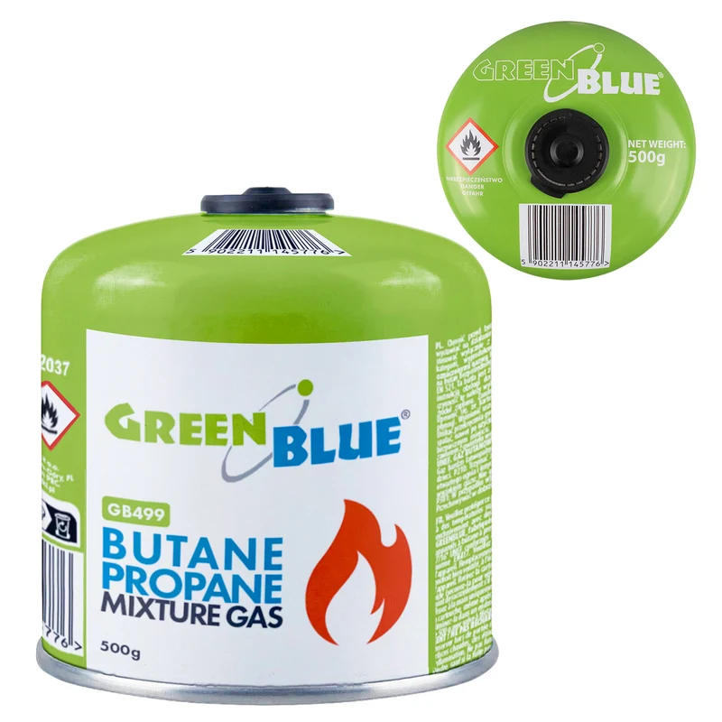 Bombola di gas da 500 g GreenBlue. Certificato: Pi 0437, conforme alla norma EN 417, butano-propano, intervallo di temperatura da -10 °C a +40 °C, valvola filettata da 7/16'' GB499