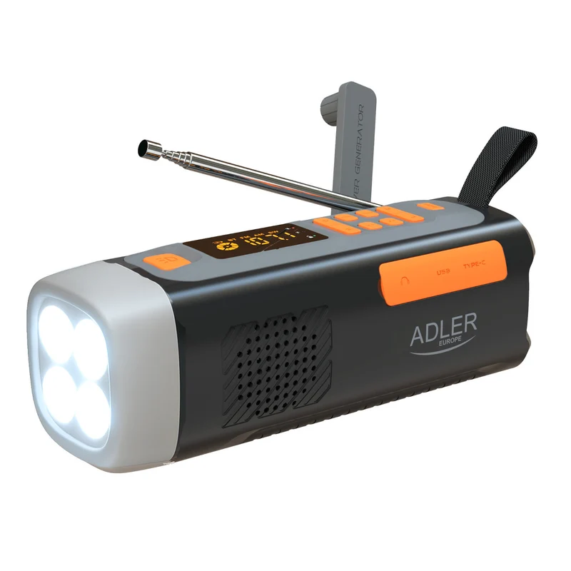Radio di emergenza Adler, con pannello solare, manovella e powerbank, Bluetooth 5.0, torcia LED 4W, 4500 mAh, AD 1920