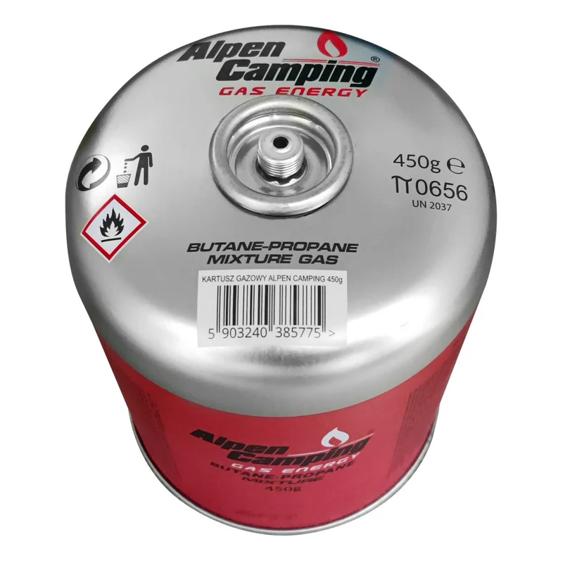 Cartuccia di gas 450g Alpen Camping. Certificato: Pi 0437, conforme a EN417, propano-butano, range da -10°c a + 40°c, valvola filettata 7/16" IK020
