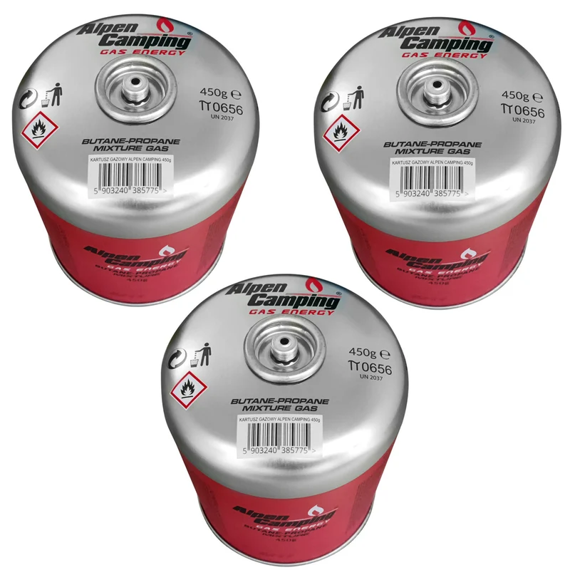Cartuccia di gas Alpen Camping 450g. Certificato: Pi 0437, conforme a EN417, propano-butano, range da -10°c a + 40°c, valvola filettata 7/16" IK020, 3 pezzi.