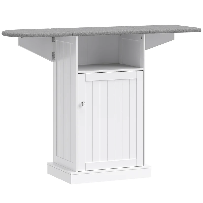 Mobile Asse da Stiro Pieghevole 121x37x89 cm a Rotelle con Ripiano Aperto e Armadietto in MDF Bianco e Grigio