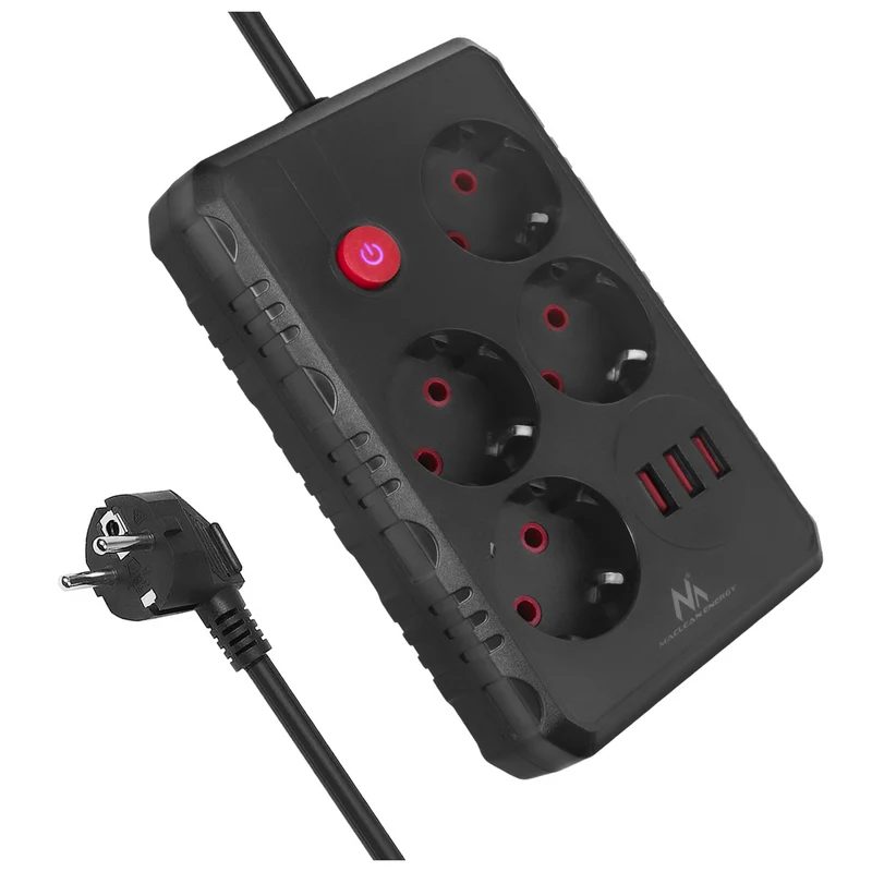 Ciabatta elettrica Maclean, cavo di prolunga a 4 prese + 3xUSB, 110-240V AC 50/60Hz, 2,1A max 2500W, 3m, nero, MCE393 B