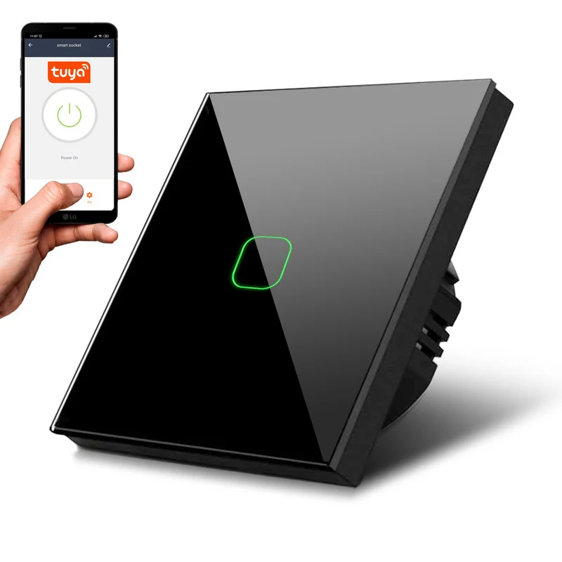 Maclean MCE716B Interruttore Touch, singolo, compatibile con SMART, Tuya APP, vetro, NEROcon illuminazione a pulsante singolo quadrato, 86x86 mm