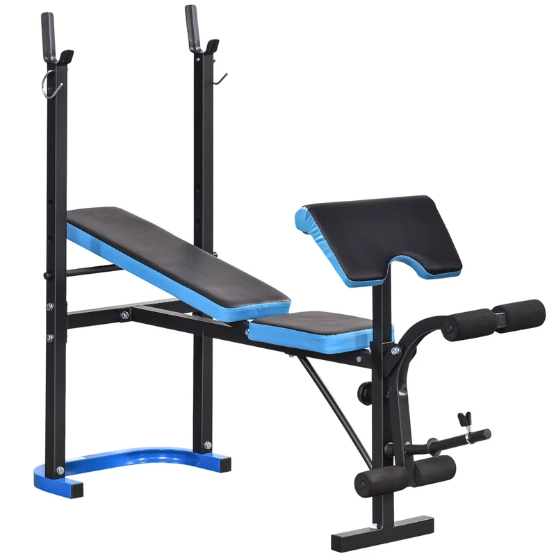 Panca Multifunzione 155x56,5x120 cm con Supporto Bilanciere e Schienale Regolabile in Acciaio e PU Nero e Blu