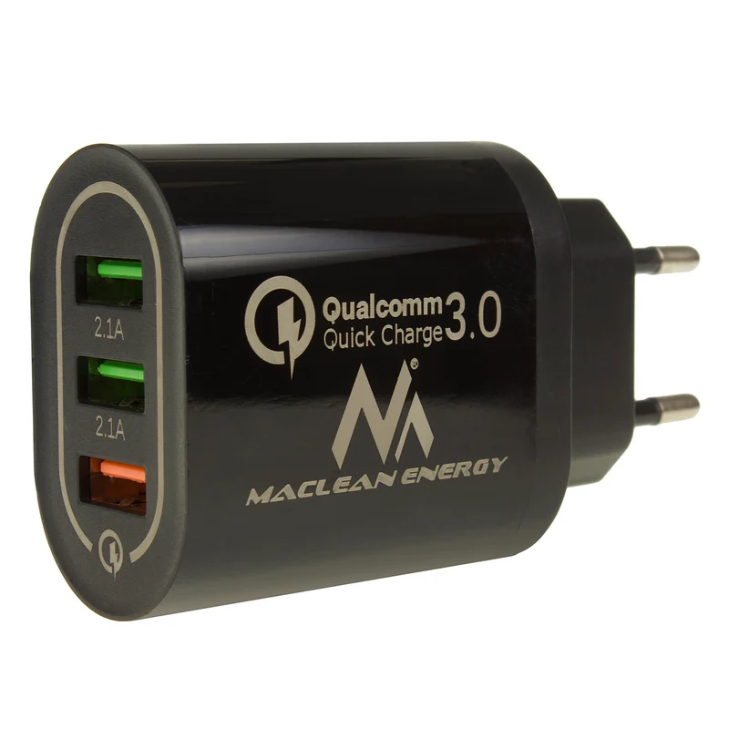 Caricabatterie 1xQC 3.0 Maclean Energy MCE479 B - nero Qualcomm Quick Charge QC 3.0 - 3,6-6VV / 3A, 6-9V / 2A, 9-12V / 1,5A e 2 prese 5V / 2,1A