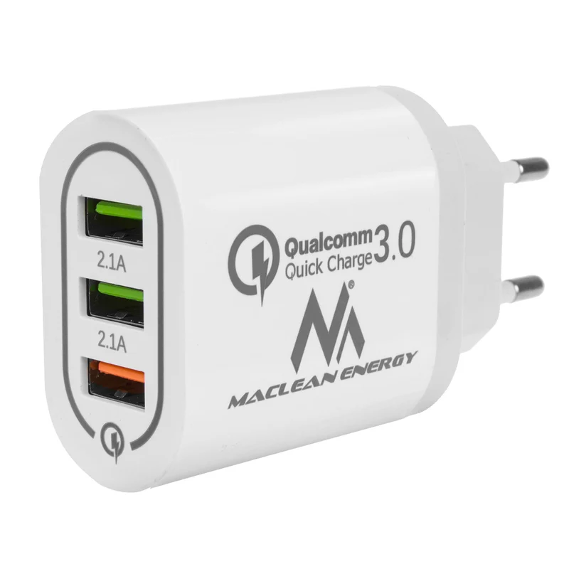 Caricabatterie 1xQC 3.0 Maclean Energy MCE479 W - bianco Qualcomm Quick Charge QC 3.0 - 3,6-6VV / 3A, 6-9V / 2A, 9-12V / 1,5A e 2 prese 5V / 2,1A