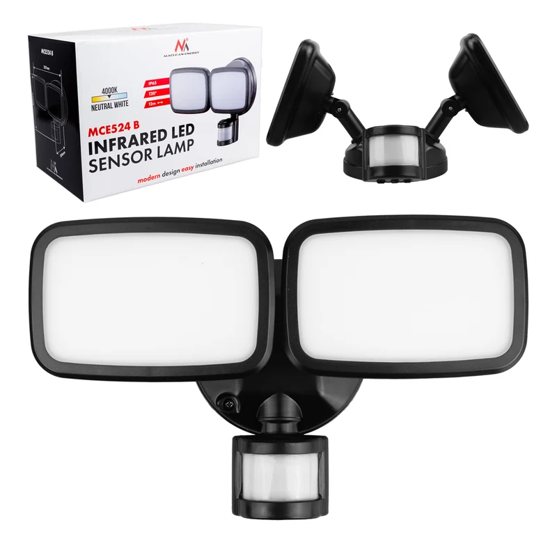 Lampada da parete a LED Maclean, con sensore PIR, 20 W, 1500 lm, IP65, bianco neutro 4000 K, nera, MCE524 B
