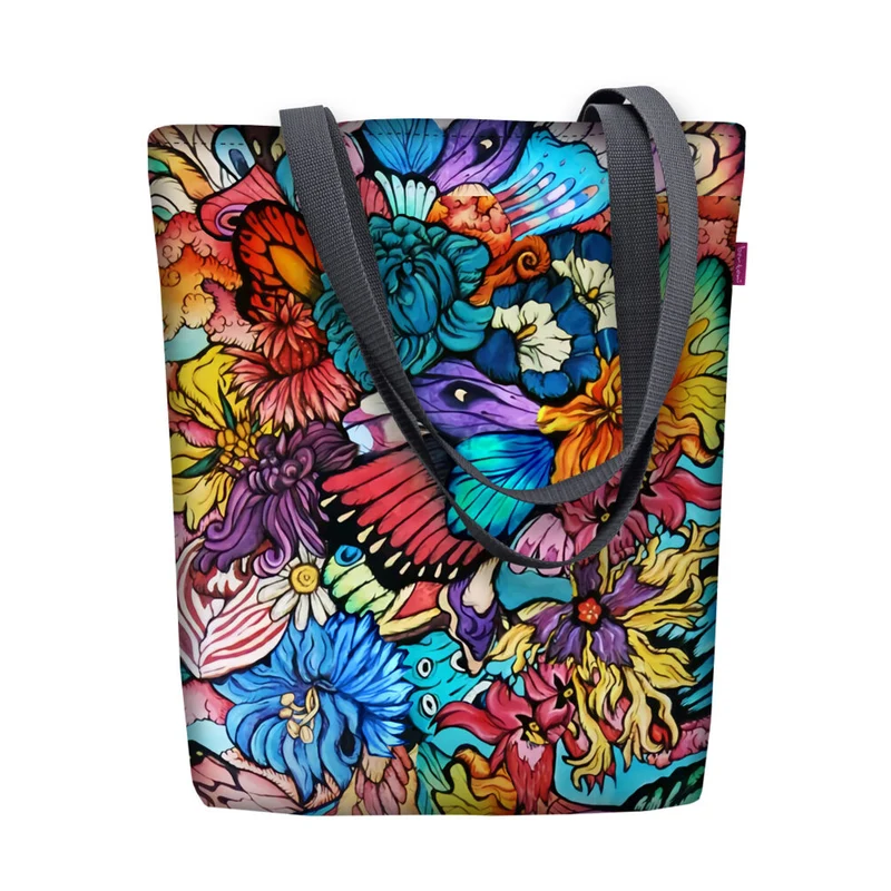 Borsa a tracolla in tela, chiusura lampo, dimensioni 36x40 cm, motivo stampato Hippi