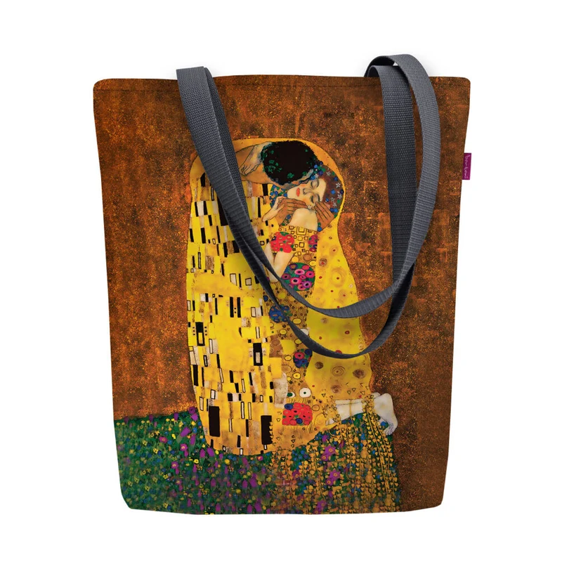 Borsa a tracolla in tela, chiusura lampo, dimensioni 36x40 cm, motivo stampato "Il bacio"