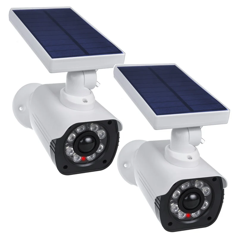 Falsa telecamera solare, LED lampeggiante, sensore di movimento, illuminazione a LED, adesivo gratuito, SOL1800S, 2 pezzi