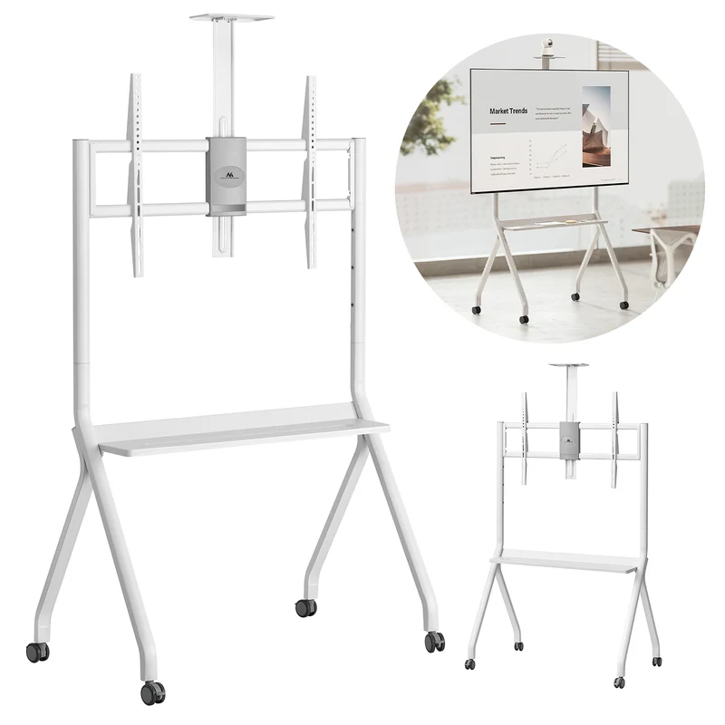 Supporto TV / carrello Maclean, ripiano per telecamera, su ruote, 55-100", carico massimo 120kg/10kg ripiano, max. VESA 900x600, bianco, MC-114 W