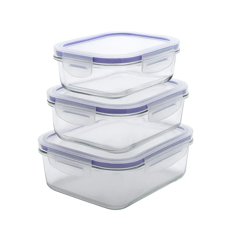 Set di 3 contenitori per alimenti Practic, capacità 0,6, 1 e 2 l, coperchi con clip