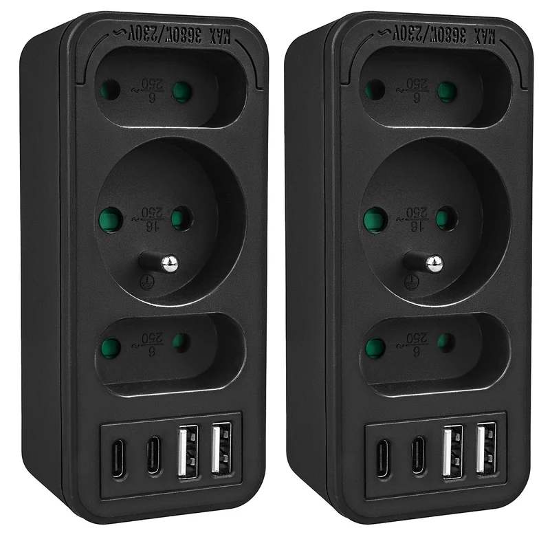 Presa di corrente x3 + 4xUSB Maclean, splitter a 3 prese, 2xUSB A, 2xUSB C PD 20W, 1x16A + 2x6A, MCE248 F/B, 2 pezzi