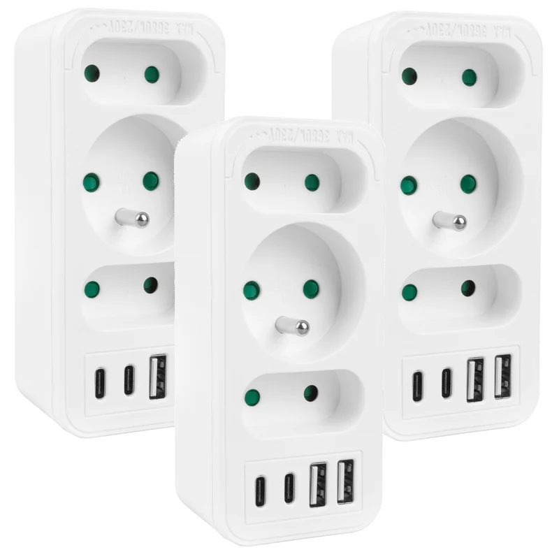 Presa di corrente x3 + 4xUSB Maclean, splitter a 3 prese, 2xUSB A, 2xUSB C PD 20W, 1x16A + 2x6A, MCE248 F/W, 3 pezzi