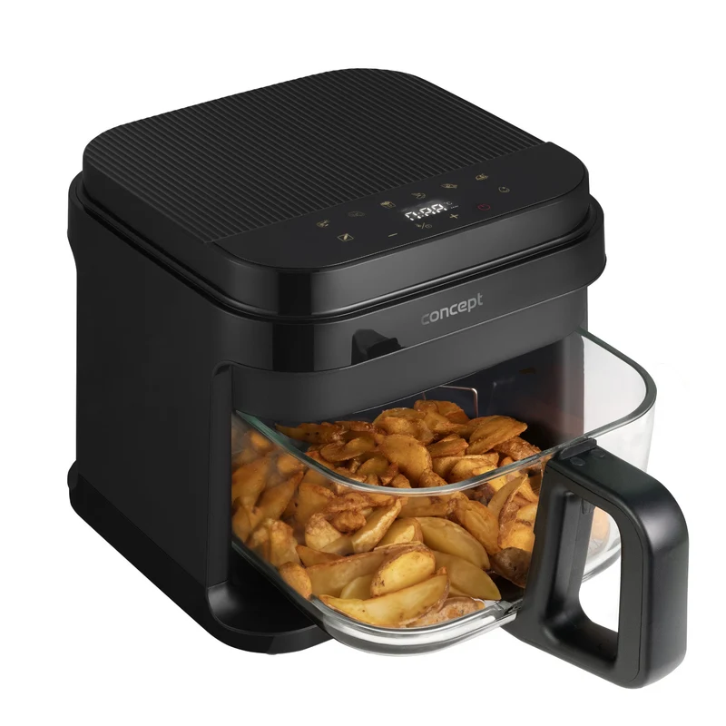 Friggitrice senza olio Concept Glass&Fast, capacità 5,5 L, 7 programmi, display LED touchscreen, modalità di frittura salutare, contenitore in vetro, FR5500