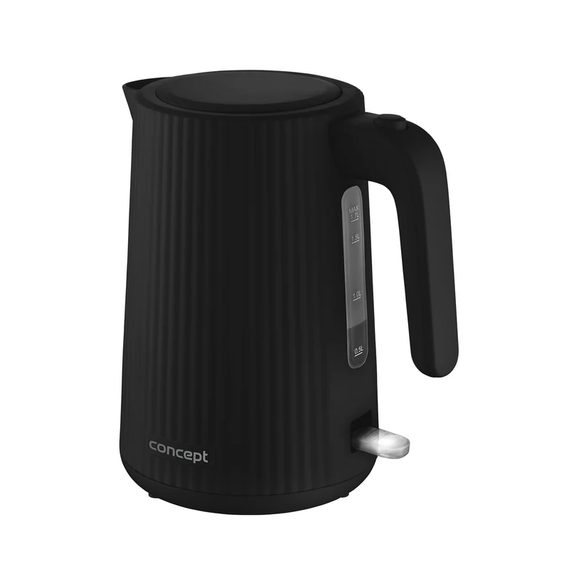 Bollitore elettrico in plastica Concept, 1,7L, design scanalato, triplo sistema di sicurezza, filtro per sedimenti, indicatore del livello dell'acqua, nero, RK2391