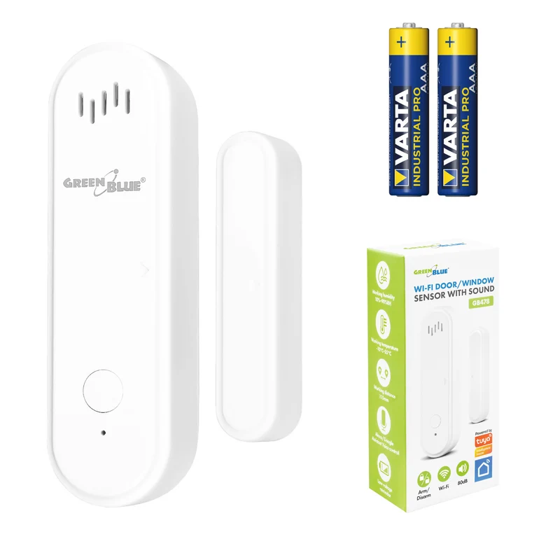 Contatto magnetico wireless / sensore di apertura WiFi GreenBlue, Android/iOS, per porte / finestre, 3,0 V CC, LR03x2, con allarme, GB478 + 2 batterie R-03 LR03 AAA alcaline Varta Industrial 4003