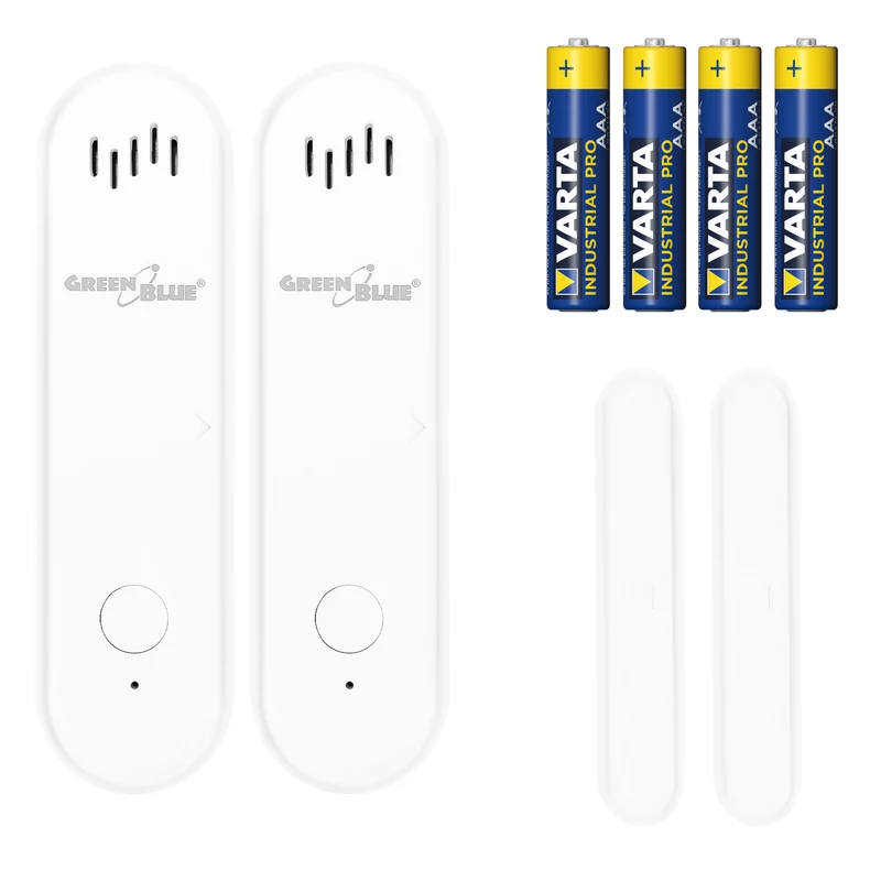 Contatto magnetico wireless / sensore di apertura WiFi GreenBlue, Android/iOS, per porte / finestre, 3,0 V CC, LR03x2, con allarme, GB478 2 pezzi + 4 batterie alcaline AAA Varta Industrial 4003