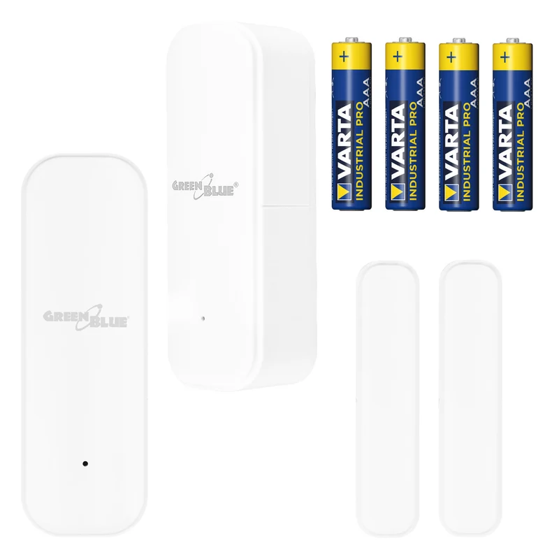 Contatto magnetico wireless / sensore di apertura WiFi GreenBlue, Android/iOS, per porte / finestre, 3,0 V CC, LR03x2, GB479, 2 pezzi + 4 batterie alcaline AAA Varta Industrial 4003