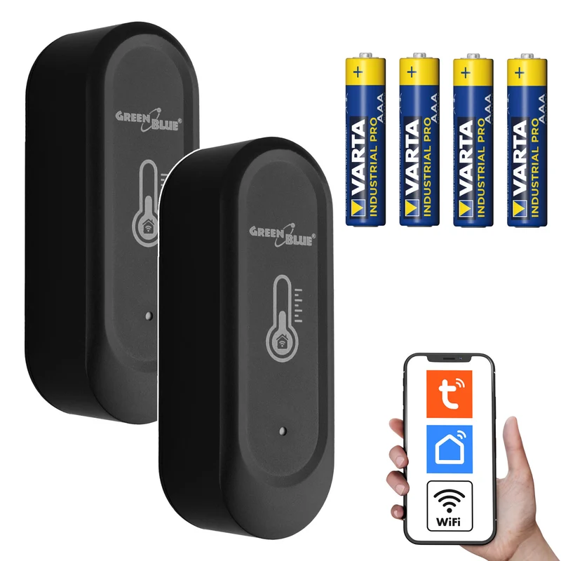 Sensore esterno di temperatura e umidità WiFi GreenBlue, Android/iOS, 3,0 V CC, LR03x2, IP65, GB741 2 pezzi + 4 batterie alcaline AAA Varta Industrial 4003