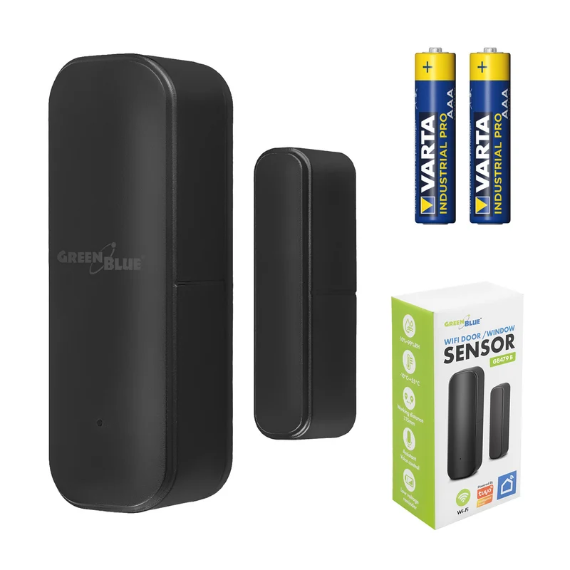 GB479 B Contatto magnetico wireless / sensore di apertura WiFi GreenBlue, Android/iOS, per porte / finestre, 3,0 V CC, LR03x2, GB479 B + 2 batterie R-03 LR03 AAA alcaline Varta Industrial 4003
