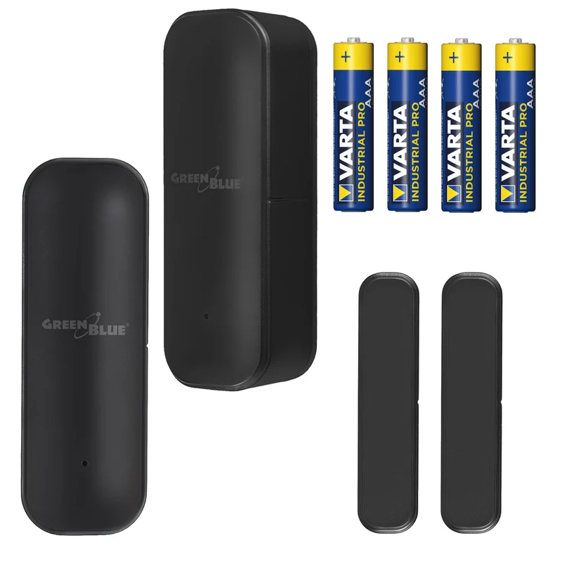 Contatto magnetico wireless / sensore di apertura WiFi GreenBlue, Android/iOS, per porte / finestre, 3,0 V CC, LR03x2, GB479 B 2 pezzi + 4 batterie alcaline AAA Varta Industrial 4003