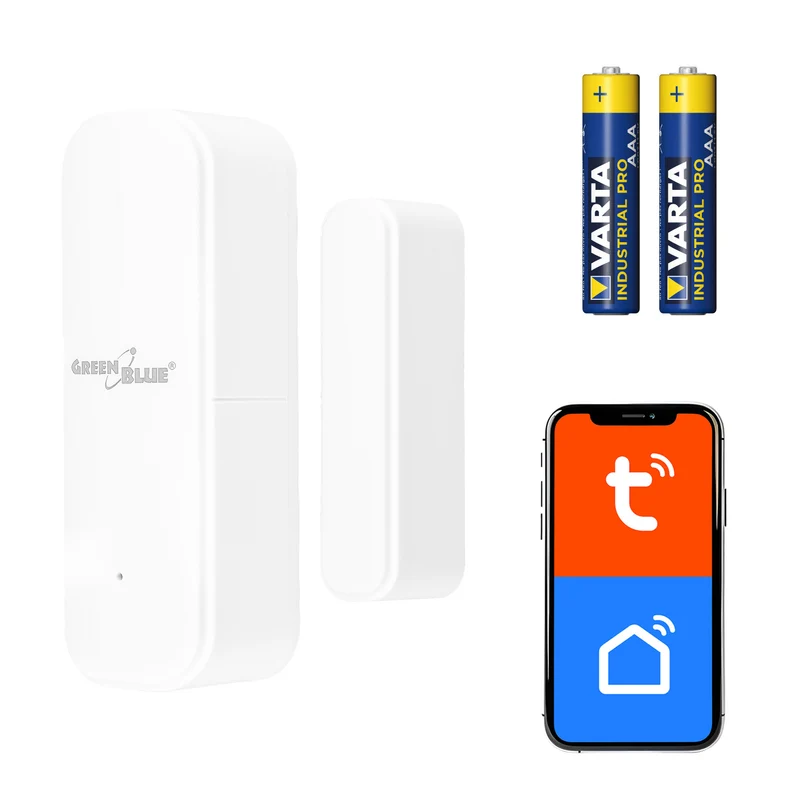 Contatto magnetico wireless / sensore di apertura WiFi GreenBlue, Android/iOS, per porte / finestre, 3,0 V CC, LR03x2, GB479 W + 2 batterie R-03 LR03 AAA alcaline Varta Industrial 4003