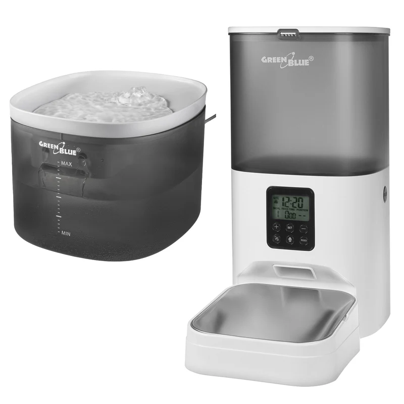 GreenBlue distributore automatico di acqua / abbeveratoio per animali domestici, 3L, USB 5V1A, GB392 + GreenBlue distributore automatico di cibo per animali domestici / mangiatoia, 6L, USB 5V1A, GB393