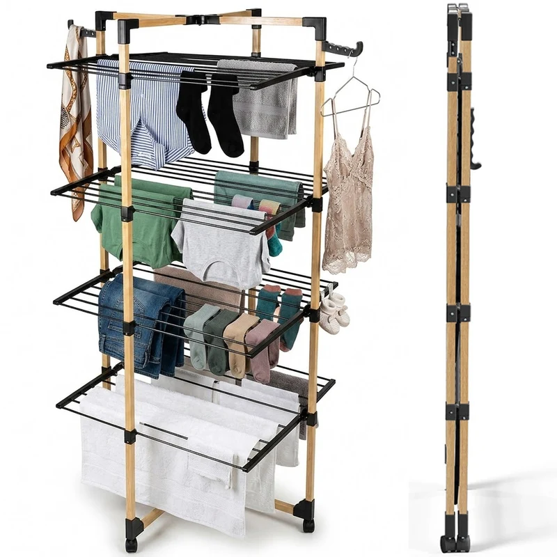 Stendibiancheria a Torre Verticale a 4 Livelli 69x69x175 cm Pieghevole con Ruote Nero e Legno