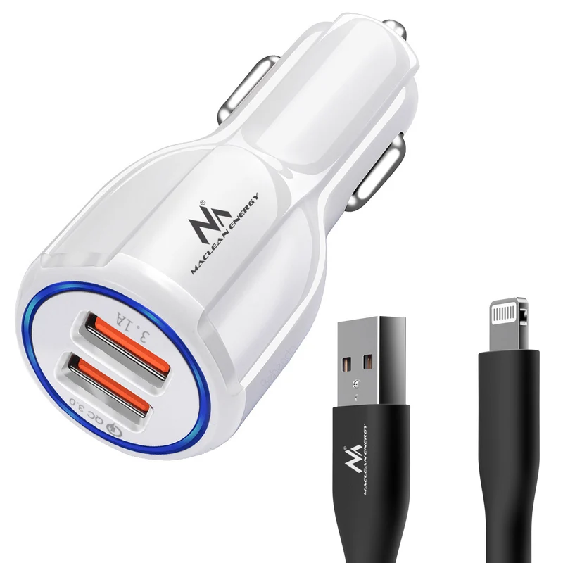 Caricabatterie da auto Maclean, Qualcomm Quick Charge, QC 3.0 - presa 5V/3A, 9V/1.8A, 12V/1.6A, 5V/3.1A con cavo USB Lightning