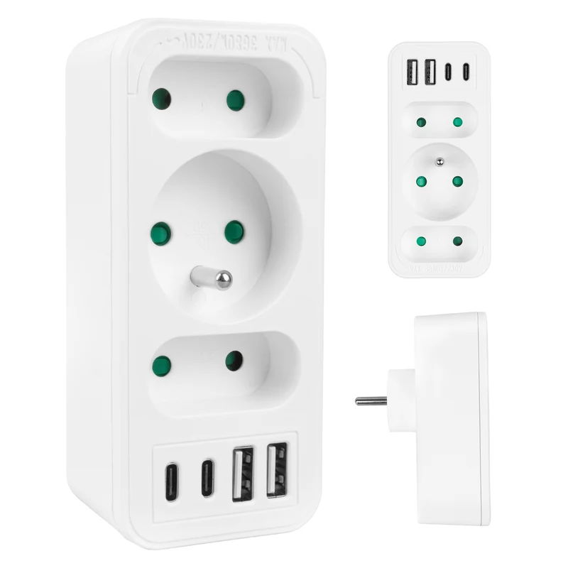 Presa di corrente x3 + 4xUSB Maclean, splitter a 3 prese, 2xUSB A, 2xUSB C PD 20W, 1x16A + 2x6A, MCE248 F/W