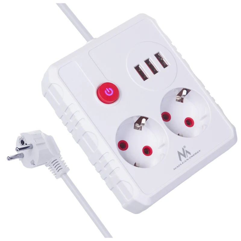 Ciabatta elettrica Maclean, cavo di prolunga 2 prese + 3xUSB, 110-240V AC 50/60Hz, 2,1A max 2500W, 1,5m, bianco, MCE387 W