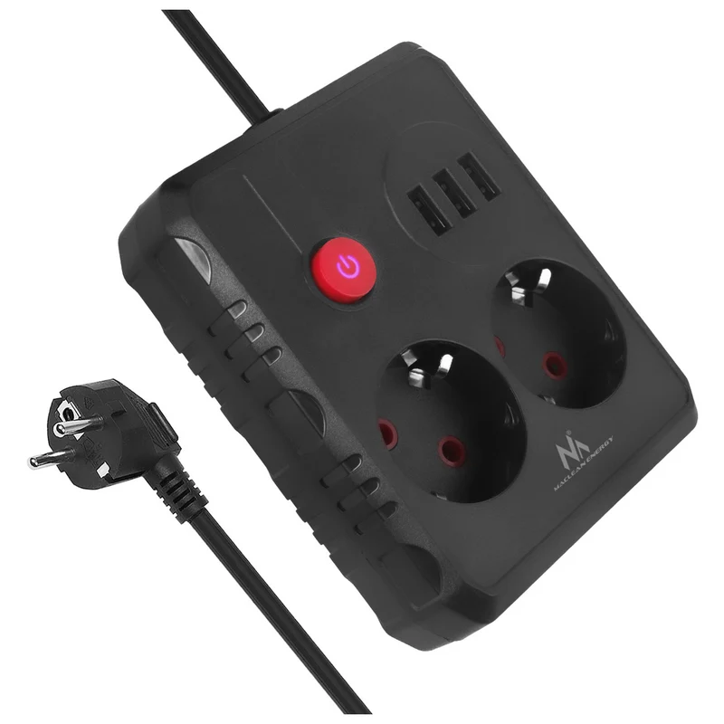 Ciabatta elettrica Maclean, cavo di prolunga a 2 prese + 3xUSB, 110-240V AC 50/60Hz, 2,1A max 2500W, 1,5m, nero, MCE387 B