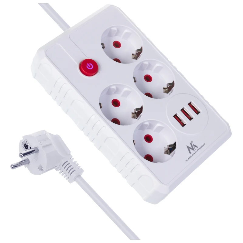Ciabatta elettrica Maclean, cavo di prolunga a 4 prese + 3xUSB, 110-240V AC 50/60Hz, 2,1A max 2500W, 1,5m, bianco, MCE392 W