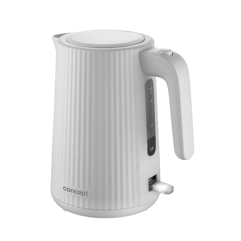 Bollitore elettrico in plastica Concept, 1,7L, design scanalato, triplo sistema di sicurezza, filtro per sedimenti, indicatore del livello dell'acqua, bianco, RK2390