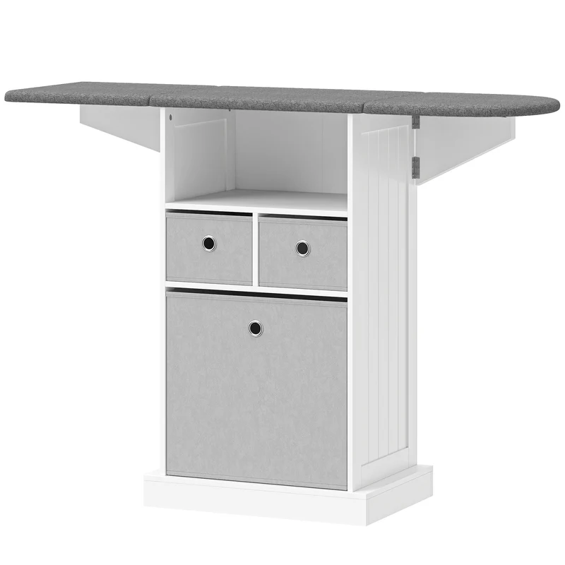 Mobile Asse da Stiro Pieghevole 121x37x89,5 cm a Rotelle con Ripiano Aperto e 3 Cassetti in MDF Bianco e Grigio