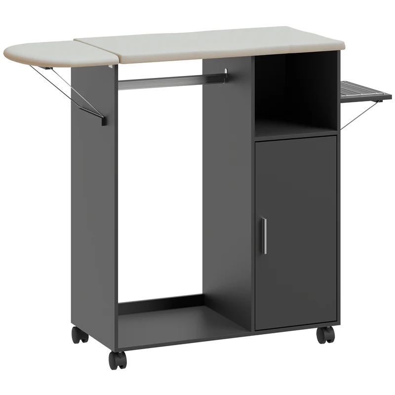 Mobile Asse da Stiro 127x42.5x99 cm con Piano d'Appoggio Effetto Lino 3 Ripiani a Cubo e Guida Nero