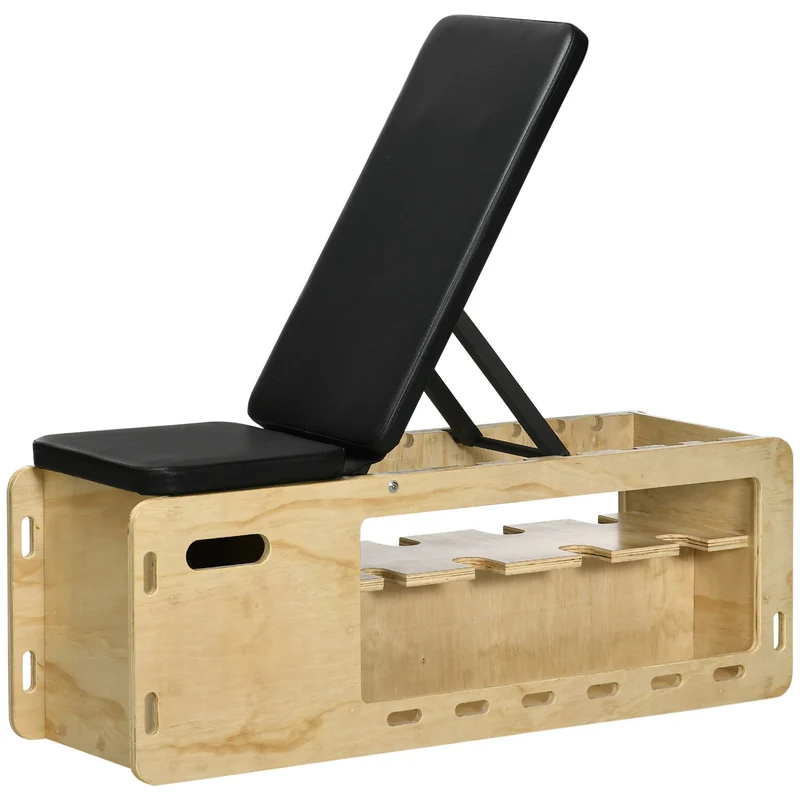 Panca Multifunzione con Schienale Regolabile Vano Contenitore Rack per Pesi ed Elastici in Legno