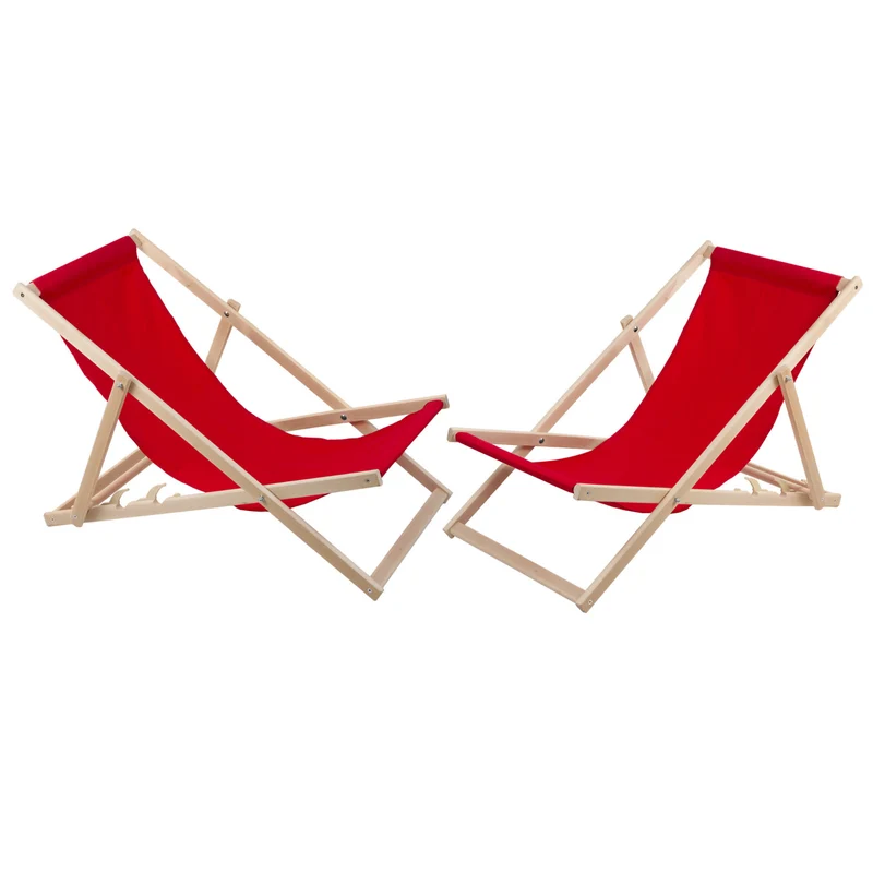 2 comode sedie a sdraio in legno, rosse, ideali per spiaggia, balcone, terrazza