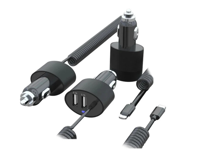 Caricabatteria Auto a Due Porte USB con Cavo Spirale 1.8m Lightning