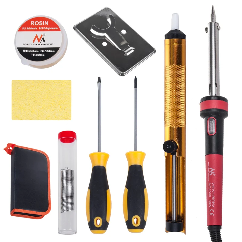 Kit di saldatura Maclean, grotta/resistenza a terra da 60W, stagno, colofonia, estrattore, supporto, cacciaviti, valigetta, MCE390
