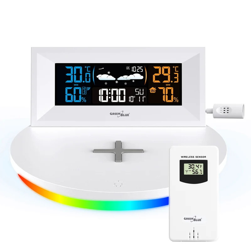Green Blue GB213 Stazione meteorologica senza fili con caricatore wireless QiPrevisioni meteo Calendario Sveglia e Snooze Sensore esterno Termometro per interni ed esterni Display a colori