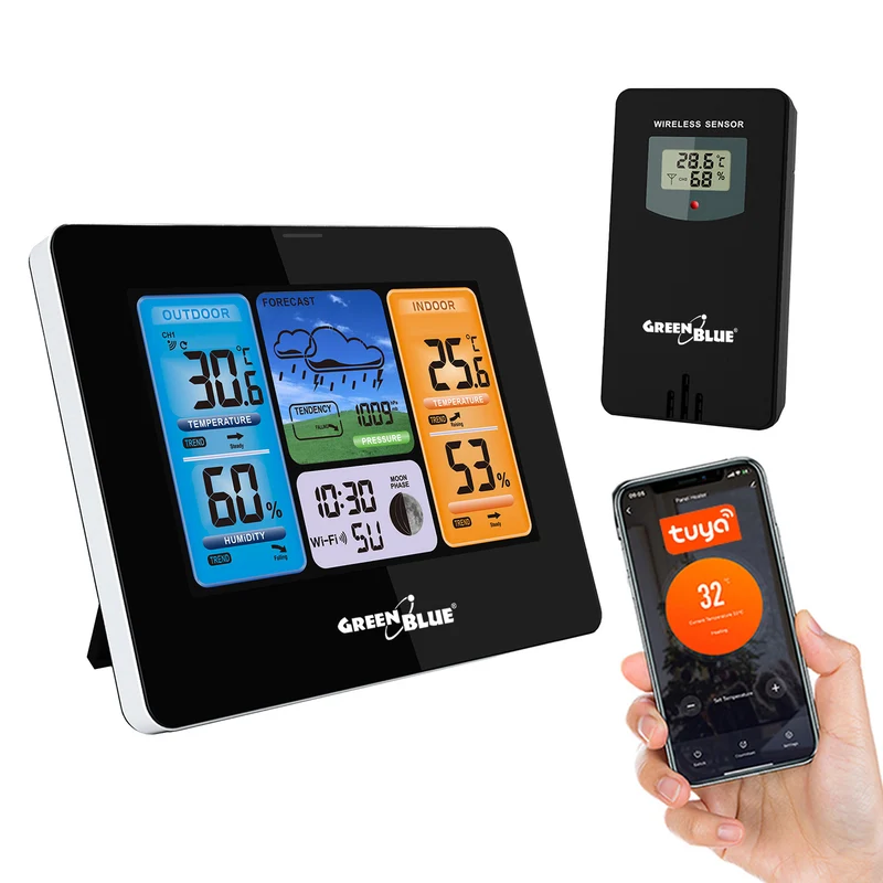 GreenBlue GB215 Stazione meteo WiFi GreenBlue, compatibile con Tuya Smart, sensore esterno, calendario, previsioni meteo, barometro