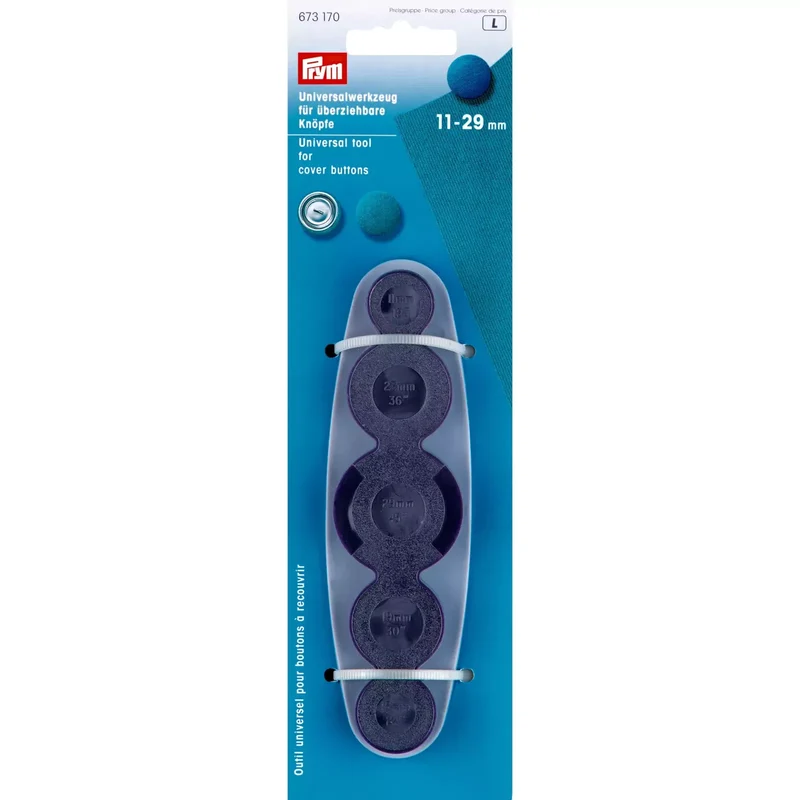 Attrezzo Prym per bottoni rivestibili da 11 a 29 mm con schema di taglio ricoprire