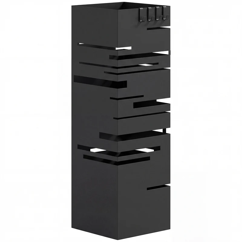 Portaombrelli Moderno 15,5x15,5x49 cm con Raccogligocce e Ganci in Metallo Nero