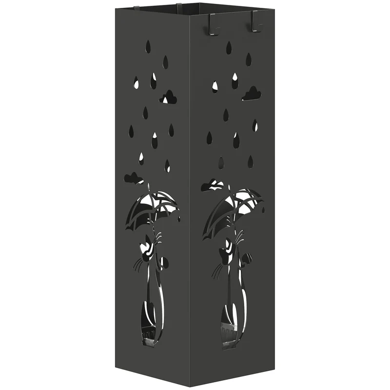 Portaombrelli Moderno Gatto 15,5x15,5x49 cm con Raccogligocce e Ganci in Metallo Nero