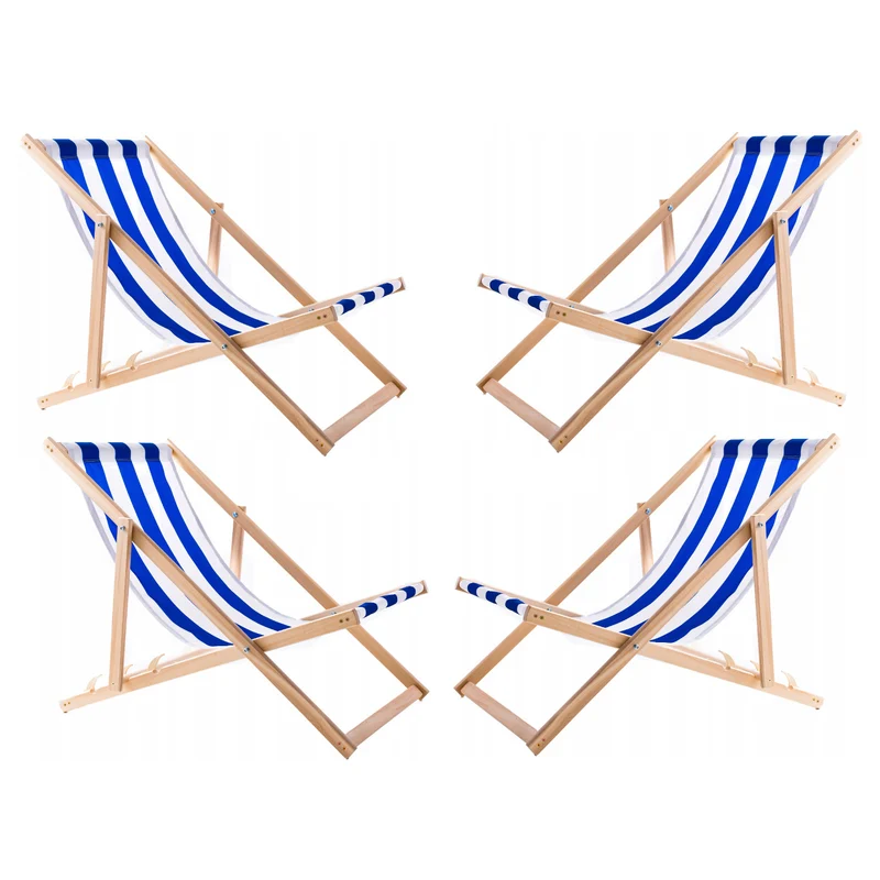 4 comode sedie a sdraio in legno, a strisce blu, ideali per la spiaggia, il balcone, la terrazza, assemblate